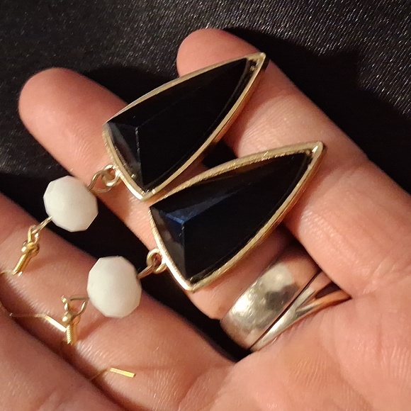 Black Geometric, Gold Over 925 Dangle Hooks Earrings . - Picture 9 of 9